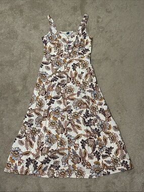 Floral Sleeveless Midi Dress - off-White with Blue & Brown Floral Print